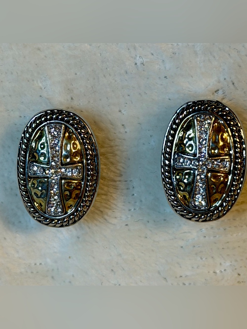 Gold and Silver Cross Oval Stud Earrings - Women's Fashion
